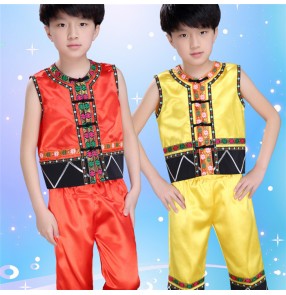 Yellow gold red sleeveless boys girls kids child folk dance modern dance jazz dance performance  hip hop dance outfits costumes